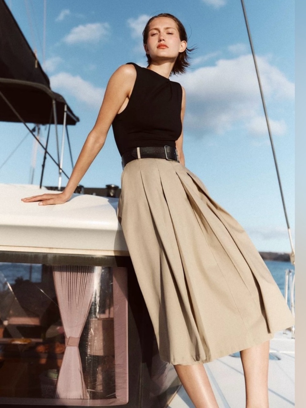 ZARA Cotton Pleated High-Waist Midi Dress with shoulder pads & belt. S NWT